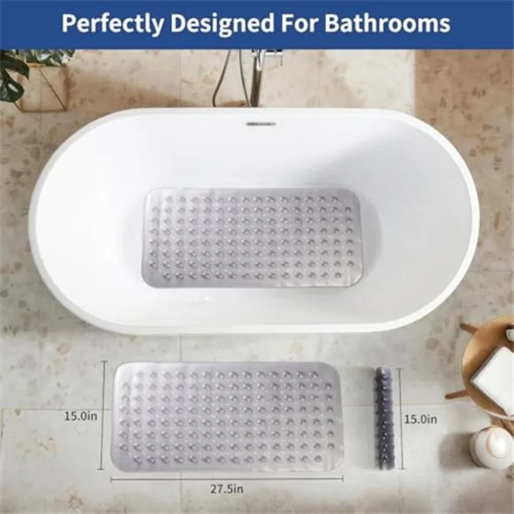 Non Slip Bath Mat PVC Shower Tub Mat Suction Cups Quick Dry 28x15 Grey